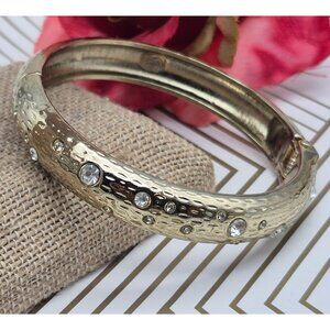 Premier Designs Gold Tone Textured Hinged Bangle Bracelet Crystal Accents